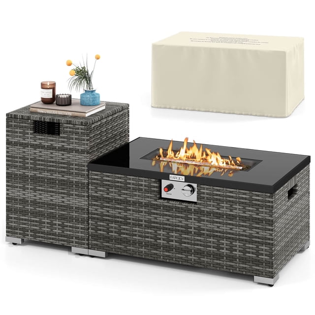 Costway Ensemble de 2 Pcs de Table à Feu d'Extérieur en Rotin avec Couvercle de Réservoir, Plateau en Verre Trempé, Gris