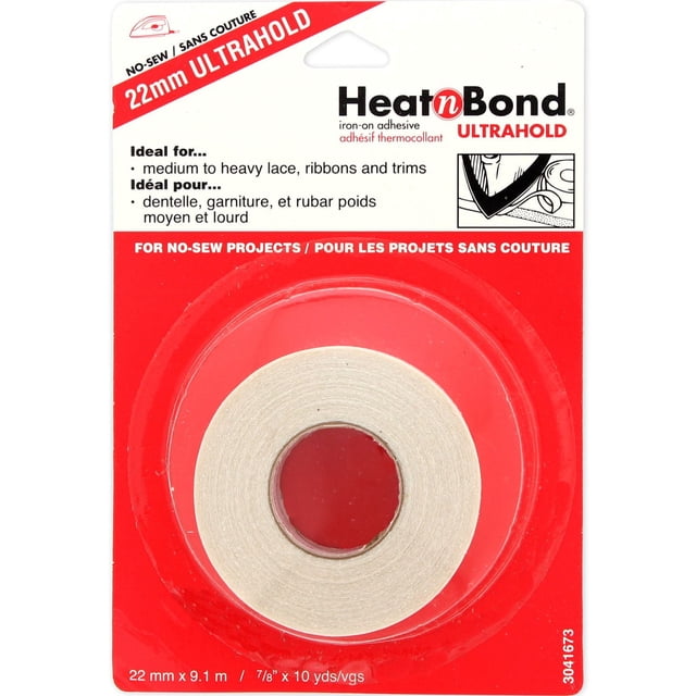 HeatnBond UltraHold Iron-On Tape 22 mm x 9.1 m (7/8 inch x 10 yards) clear adhesive roll in red and white packaging, designed for no-sew projects bonding medium to heavy lace, ribbons, trims, and hems with a permanent, heavy-duty hold activated by household iron, also suitable for attaching fabric to cardboard and felt.