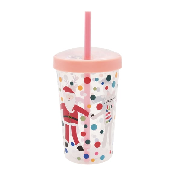 Holiday Time Christmas Santa Polka Dot Plastic Tumbler with Straw, Pink Glitter Lid, Partyware