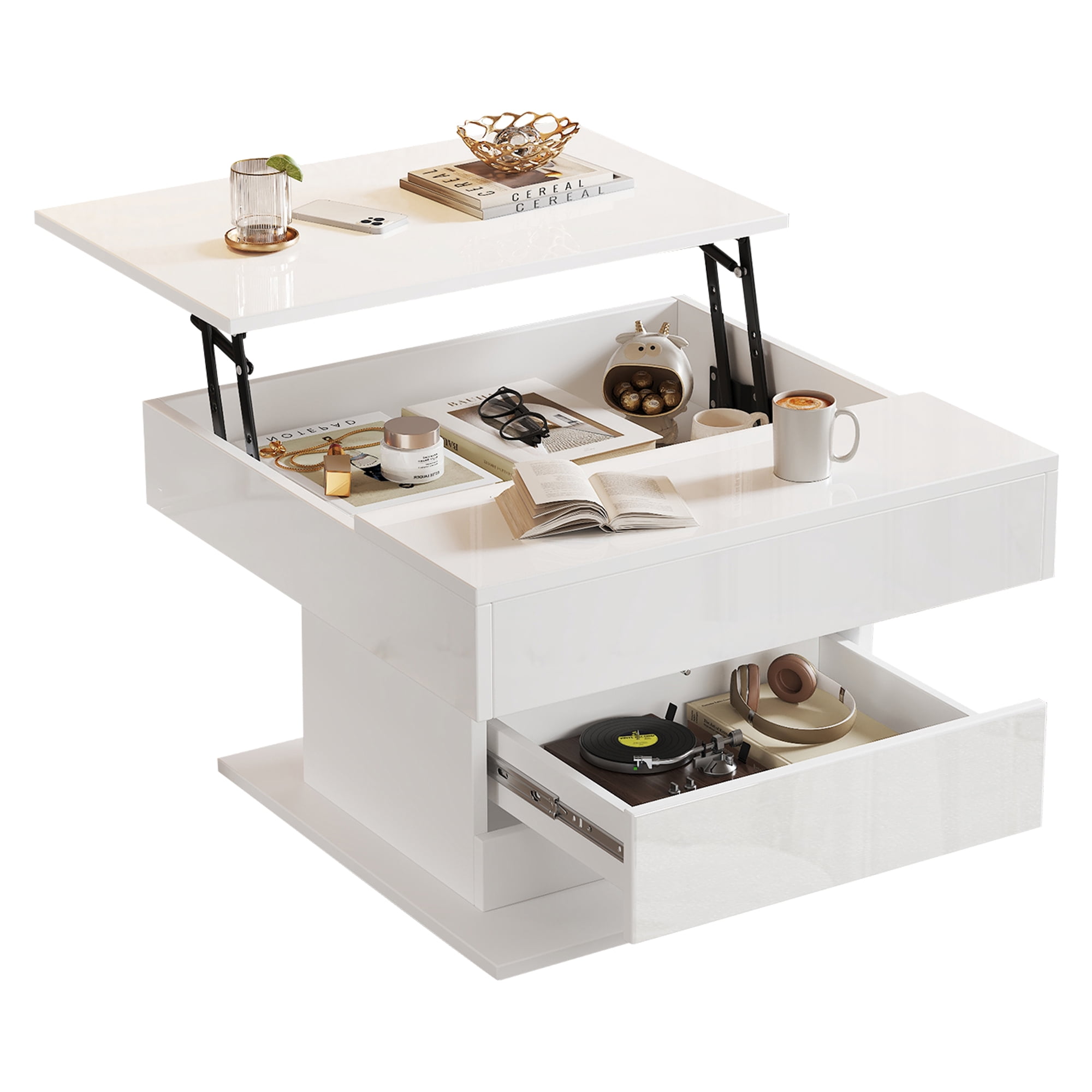 Homy Casa 27.5-Inch Square Lift-Top Coffee Table, 360° Rotating High-Gloss Top, Hidden Storage and Drawer, White and Natural Wood