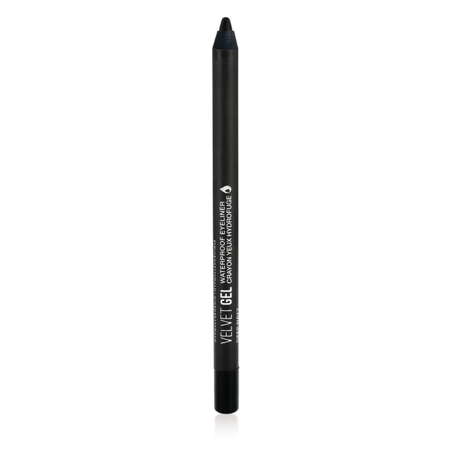 Marcelle Velvet Gel Waterproof Eyeliner in black, a slim gel pencil with matte black barrel and white text, delivering smooth, smudge-proof application with 24-hour waterproof hold, suitable for precise or smoky eye looks and sensitive eyes.