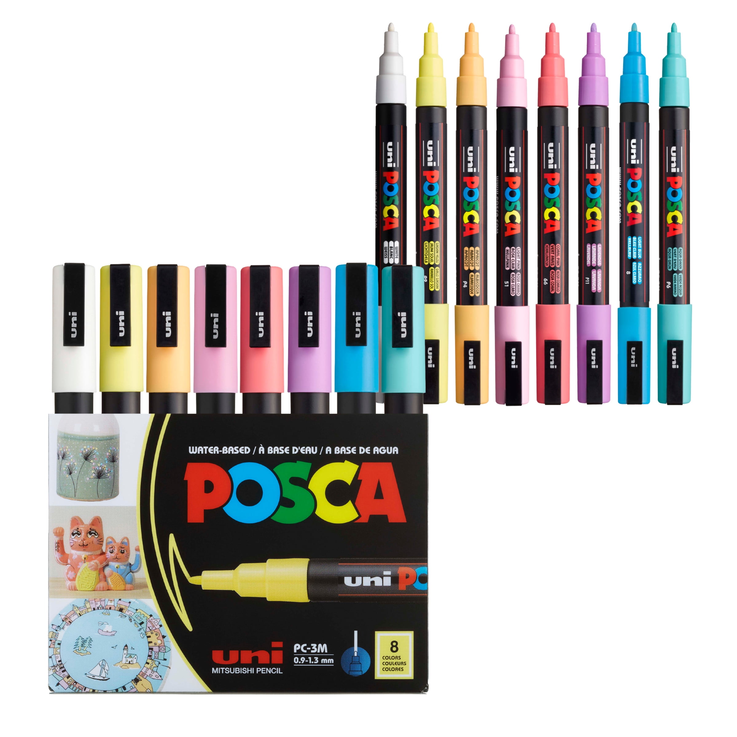 Uni POSCA PC-3M Water-Based Paint Markers, Reversible Fine Tip (0.9-1.3mm), Soft Ink Colors, 8 Count