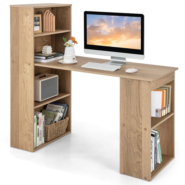 Patiojoy 48 Inch Computer Desk with Bookshelf, a 3-in-1 space-saving workstation with a natural wood finish. Features a large tabletop, a reversible 4-tier bookcase, and a 2-tier side rack with a detachable shelf for flexible storage. Suitable for home offices, study rooms, or crafting spaces.