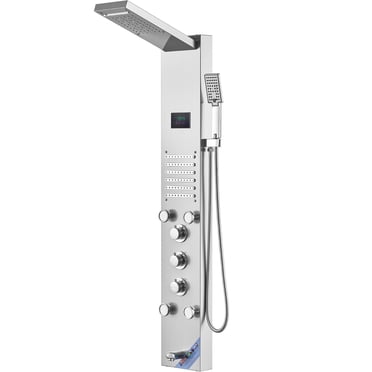 KFFKFF Shower Panel Ensemble, Six Bathing Options, LED & Screen Water-Powered Shower Column, Rain-like, Cascading, Five Jet Massagers, Bathtub Faucet, Detachable Shower, Stainless Steel Wall-Attached