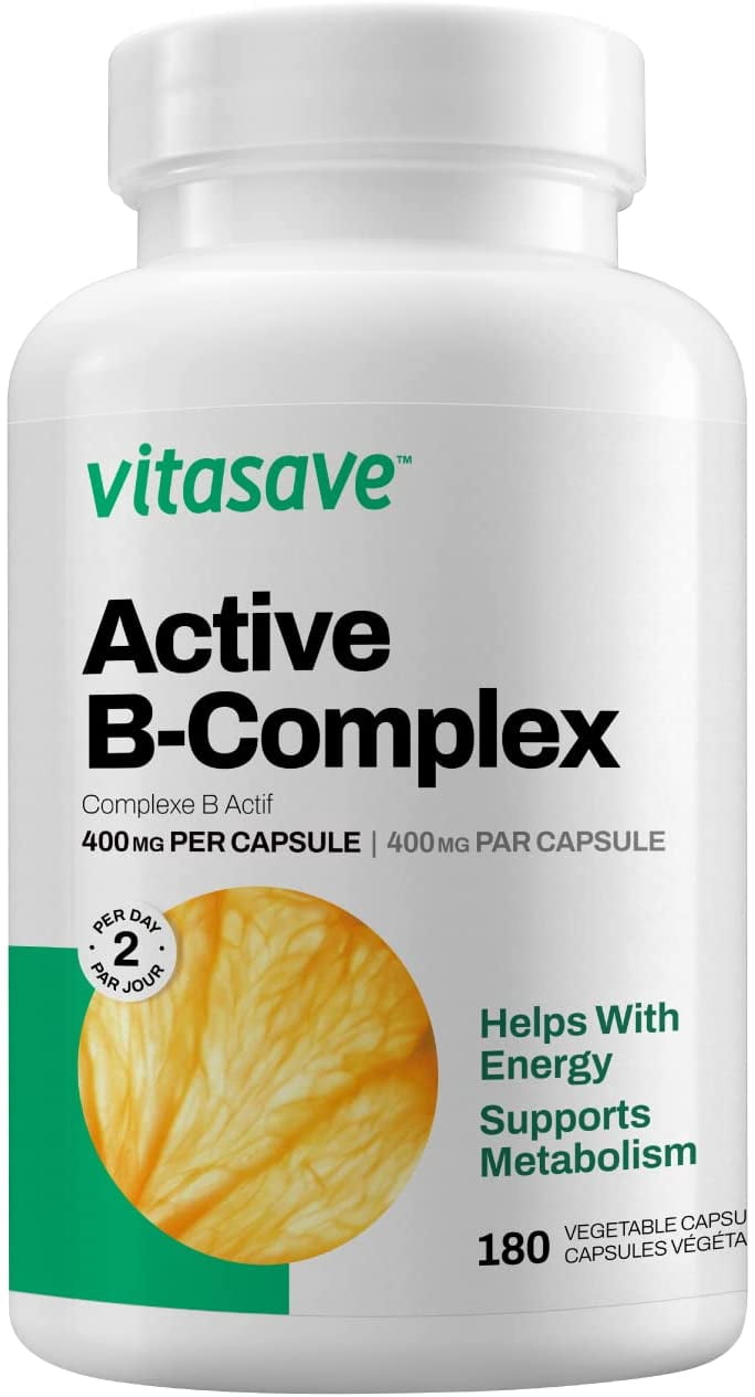 Vitasave Active B-Complex [180 Vegetarian Capsules]- High Potency Vitamin B Supplement with 8 B-Vitamins: B1, B2, B3, B5, B6, B7, B9, and B12 - Supports Energy, Mood, and Metabolism