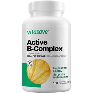Vitasave Active B-Complex [180 Vegetarian Capsules]- High Potency Vitamin B Supplement with 8 B-Vitamins: B1, B2, B3, B5, B6, B7, B9, and B12 - Supports Energy, Mood, and Metabolism