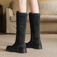 thumbnail image 2 of Womens Fleece Mid Calf Winter Combat Boots Fashion Plush Leather Patchwork Chunky Heel Knee High Riding Tall Boots, 2 of 6