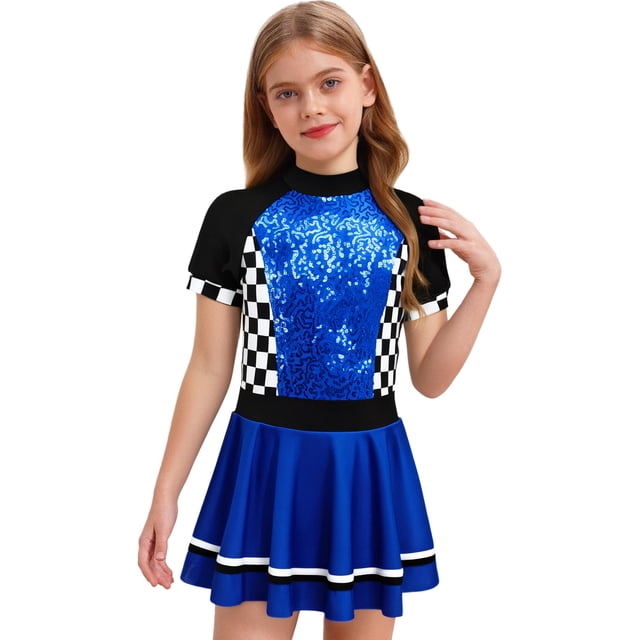 YiZYiF Racer Girls Costume Kids Racing Driver Fancy Dress-up Short Sleeve Zip Back A Line Dress Royal Blue 8