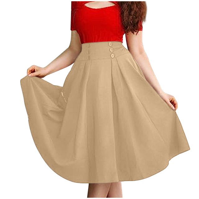 Mrat A-Line Flowy Skirt Mode Femmes Robe Décontractée Taille Haute Couleur Unie Jupe à Poches Robe Jupe Évasée Fluide S-231 Kaki TG