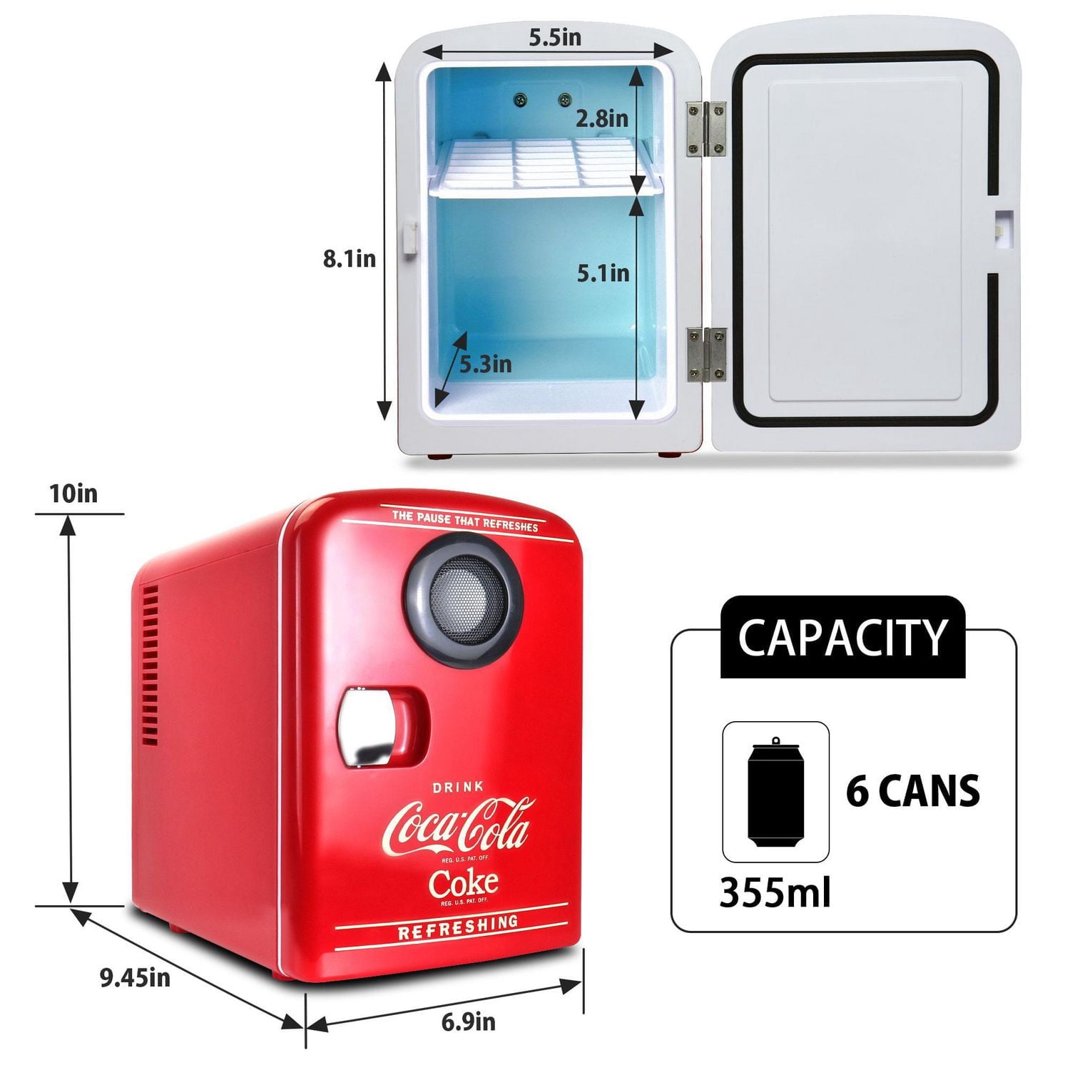 Coca-Cola Mini réfrigérateur portable 6 canettes, haut-parleur Bluetooth, refroidisseur/réchaud 4 L, rouge
