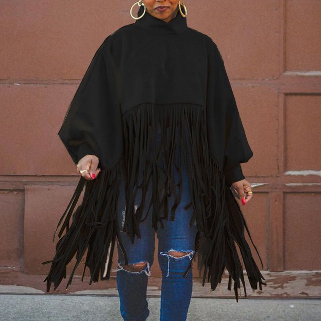 Woman's Long Sleeve Fashion Solid Color High Neck Lantern Sleeve Tassel Design Tops