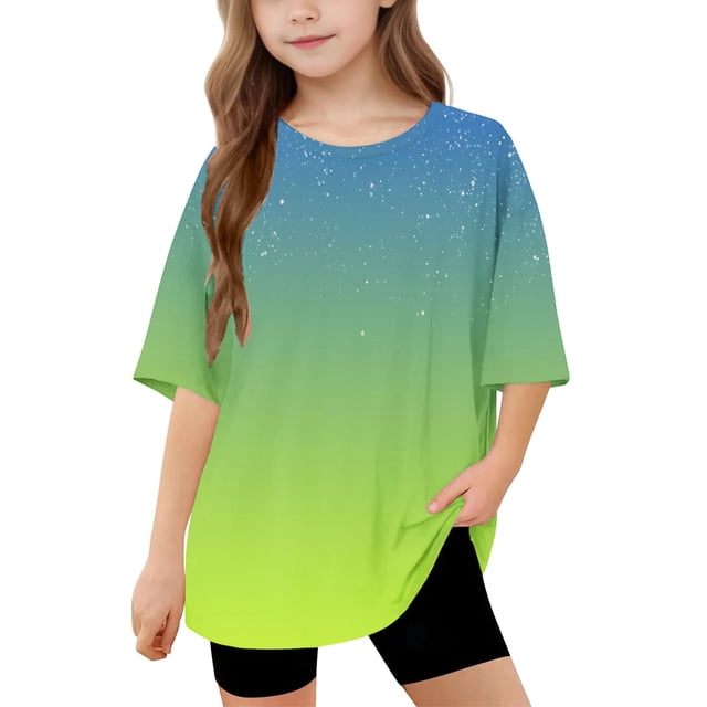 DecSea Girls Short Sleeve T shirt Kids Summer Oversized Gradient Crew Neck Tops Casual Basic Tee 5-14Years