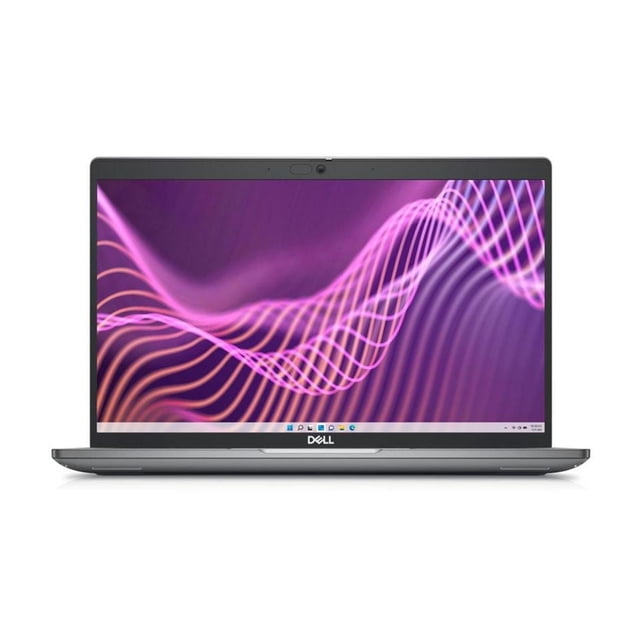 Dell Latitude 5440 i5-1345U laptop open box with 14-inch 1920x1080 touchscreen showing purple and pink wave patterns, matte gray chassis, webcam above screen, Dell logo below, 16GB DDR4 memory, 256GB SSD, Windows 11 Pro, ideal for business and remote work.