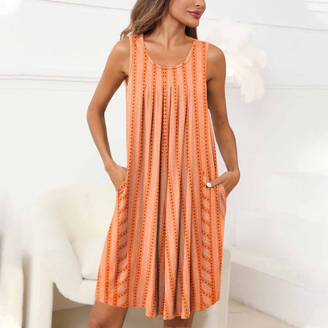 Pyjama pour Femmes Zeophrasy Femmes Imprimé avec Poches Chemises de Nuit Sans Manches Vêtements de Nuit devant Plissé Nuisette Col Rond Robe de Nuit Clearacne Moins de 5
