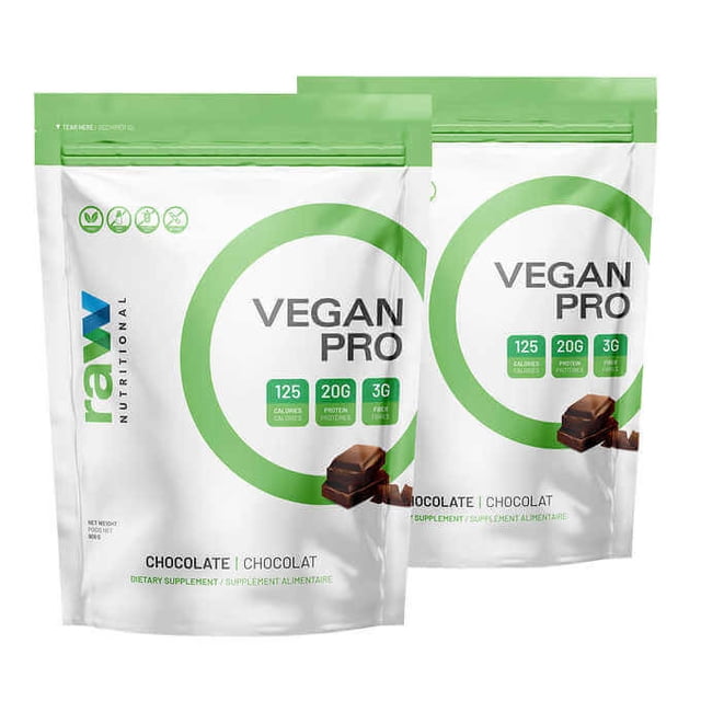 Vegan Pro Plant-Based Protein Powder, 2 x 908g, in chocolate flavour. The packaging features a green and white design with nutritional highlights, including 125 calories, 20g of protein, and 3g of fibre per serving. Made with organic ingredients like coconut sugar and cacao powder, this vegan protein powder is free from dairy, soy, gluten, and artificial flavours. Suitable for muscle recovery and an active lifestyle.