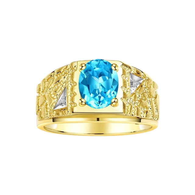 RYLOS Men's Rings Yellow Gold Plated Silver Designer Nugget Ring Oval 9X7MM Gemstone & Diamonds Blue Topaz Birthstone Rings For Man Size 9
