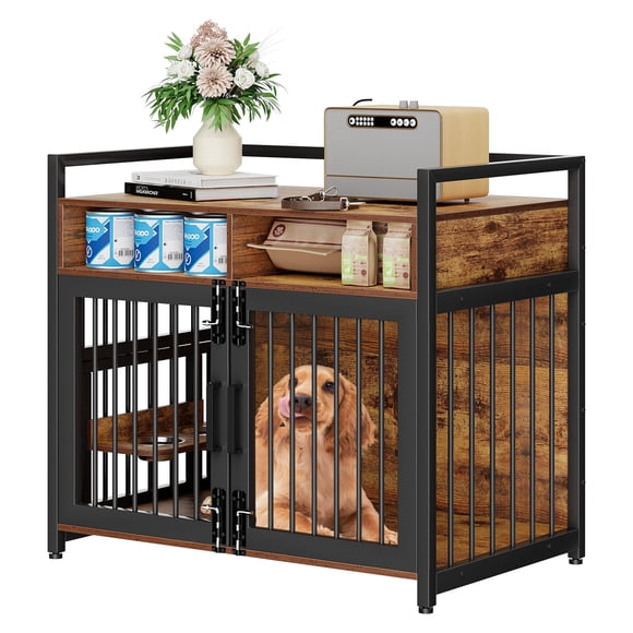 TROPOW Meuble Cage pour Grand Chien de 48 Pouces, Enclos pour Chien en Bois Robuste avec 2 Tiroirs de Rangement, Mangeoire Surélevée Réglable à 360°, Doubles Portes, Cage Intérieure pour Chiens Grands Ou Moyens