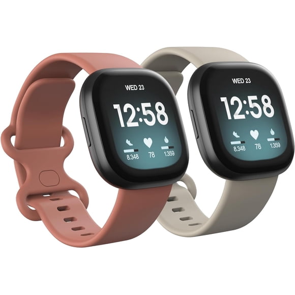 Lot de 2 Bracelets Imperméables Compatibles avec Fitbit Versa 3 / Fitbit Versa 4 / Fitbit Sense/Sense 2, Bracelets de Rechange Sport Classiques et Doux pour Femmes et Hommes (Petit 5,5 Pieds'-7,1 Pieds', Amande/rose)