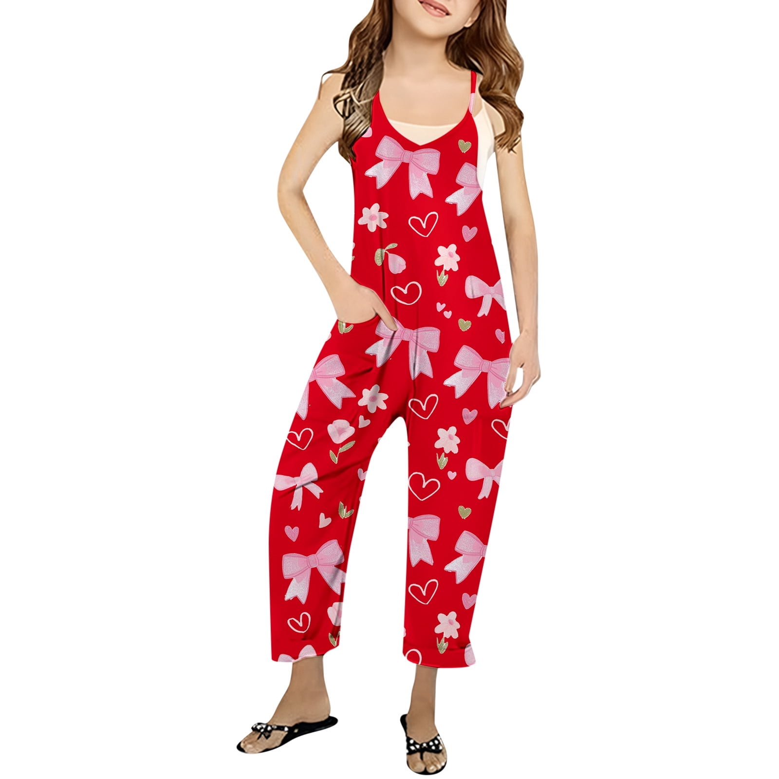 Girls Romper Bow Print Jumpsuits Rompers for Girls Sleeveless Overalls with Side Pockets Preppy Clothes 7-8 Y