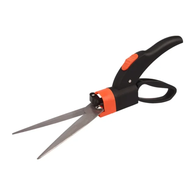 Tondeuses et Ciseaux de Jardinage Multifonctions avec une Pointe Tranchante et une rotation à 360 Degrés, Conçus pour l'Élimination de l'Herbe et l'Élagage des Haies. Dotés d'Une Prise Ergonomique Antidérapante et de Lames en Fer Inoxydable Durables. Idéals pour l'Élimination Précise des Bordures de Jardin, des Buissons et des Herbes Décoratives. les Cisailles Portatives Sont Montrées avec une Poignée Noire, des accents orange et une Tête de Coupe Rotative.