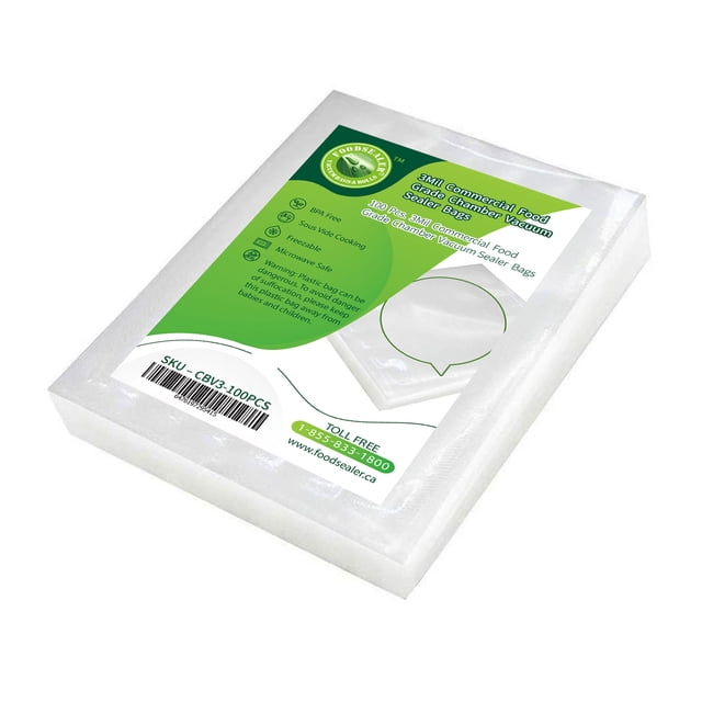 100 Pcs. 3 Mil 6" x 8" Chamber Pouch & Chamber Vacuum Bag by FoodSealer, BPA-free and microwave-safe, ideal for sous vide cooking and food storage. Compatible with chamber vacuum sealers, impulse sealers, and nozzle vacuum sealers. Made of durable, puncture-resistant material with excellent oxygen and moisture barrier. Perfect for vacuum sealer bags and rolls category.