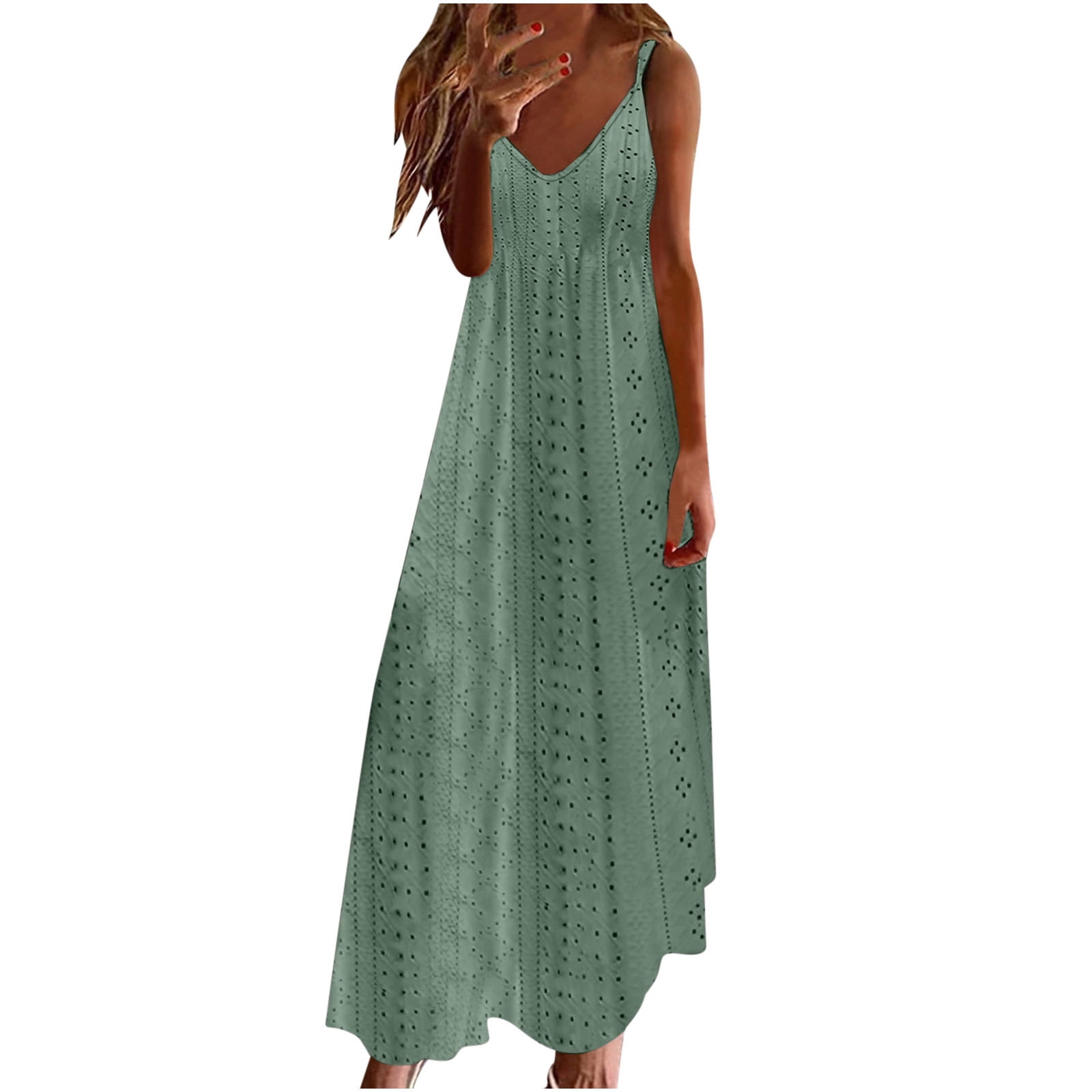AherBiu Robe Maxi pour Femmes à Oeillets, Col en V, Bretelles Spaghetti, Robe d'Été Bohème pour la Plage et les Vacances, Longue