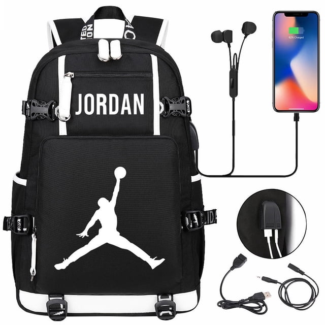Youth Leisure Backpack College Student Backpack Multifunctional Sports Bag Basketball Player Jordan-ZJKDGJKJ. A black backpack with white accents featuring a silhouette of a basketball player and the text 'Jordan' on the front. Designed with multiple compartments for laptops, books, and other essentials. Includes USB charging port and headphone interface. Made of durable, waterproof materials with adjustable shoulder straps for comfort.
