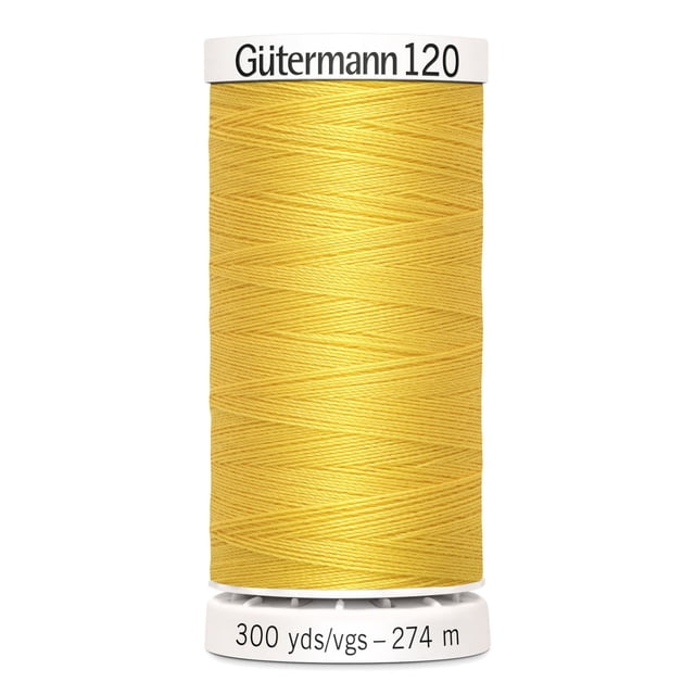Gutermann 120 100% polyester all purpose thread spool in yellow with white plastic ends labeled with brand and 300 yards (274 meters) length, suitable for machine and hand sewing various fabrics including cotton, synthetics, and natural fibers, also ideal for craft and mending projects.