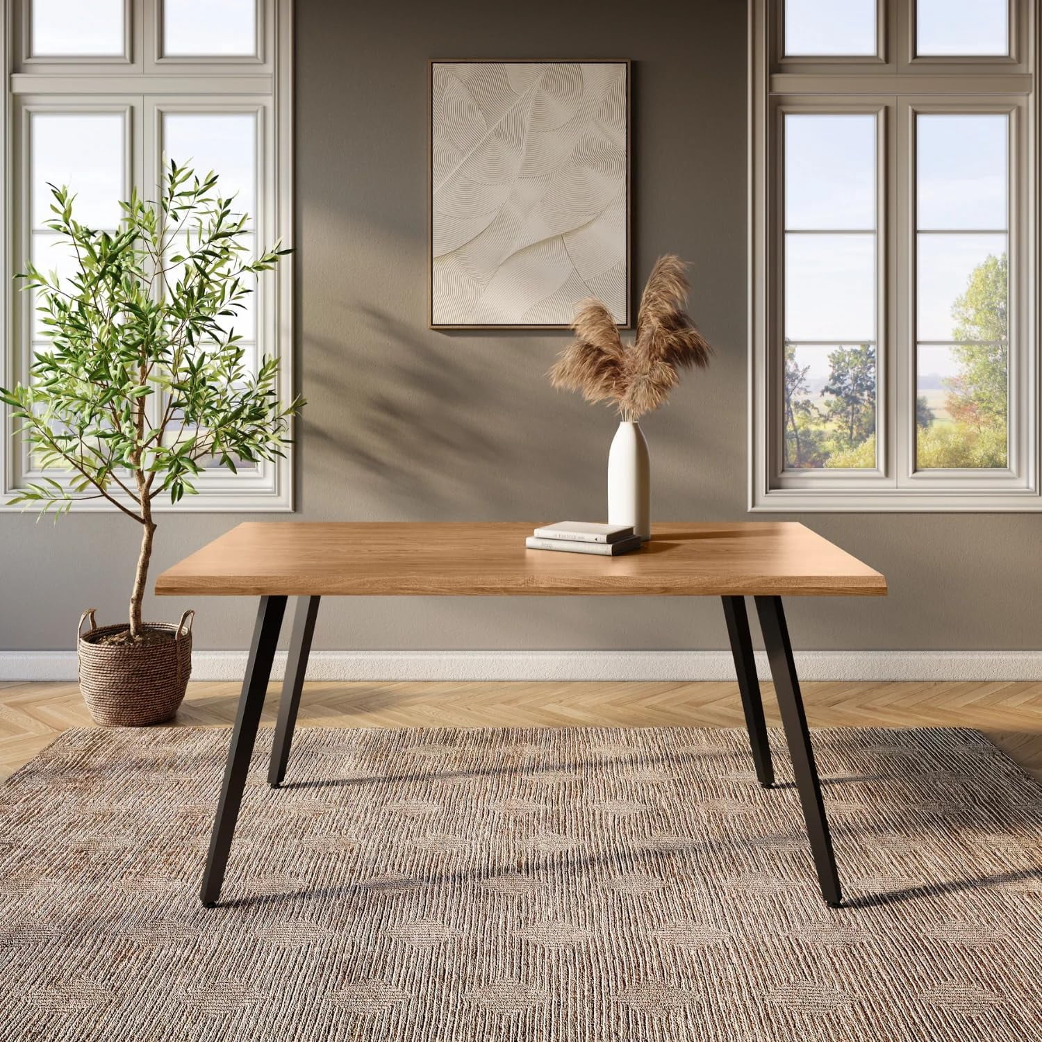 Natura Wooden Dining Table 63” - Walnut Finish with Black Metal Legs, Rectangular Table for 4–6 People, Kitchen, Dining, Farmhouse