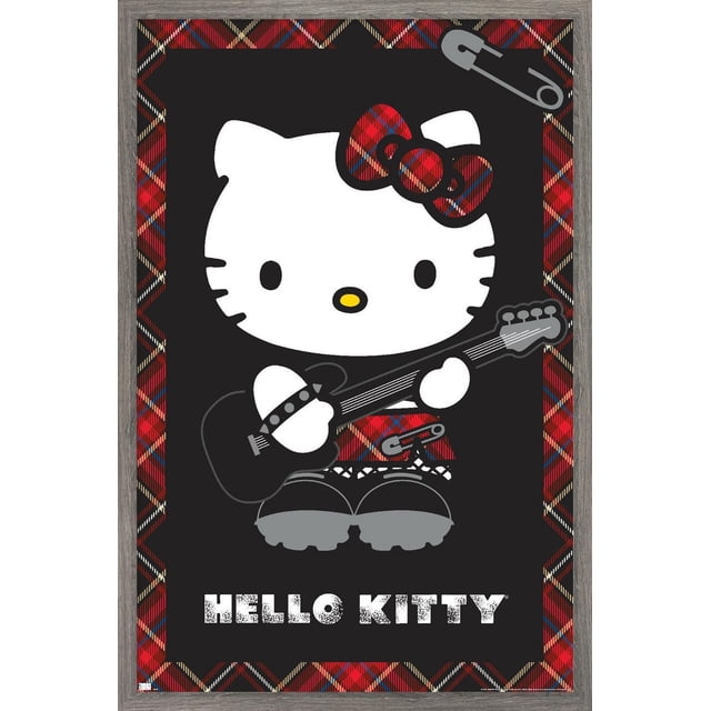 Hello Kitty - Punk Wall Poster, 22.375" x 34", depicting Hello Kitty with a red plaid bow and skirt holding a black electric guitar on a black background with a red plaid border and gray safety pin graphic, suitable for bedroom or dorm wall decor.
