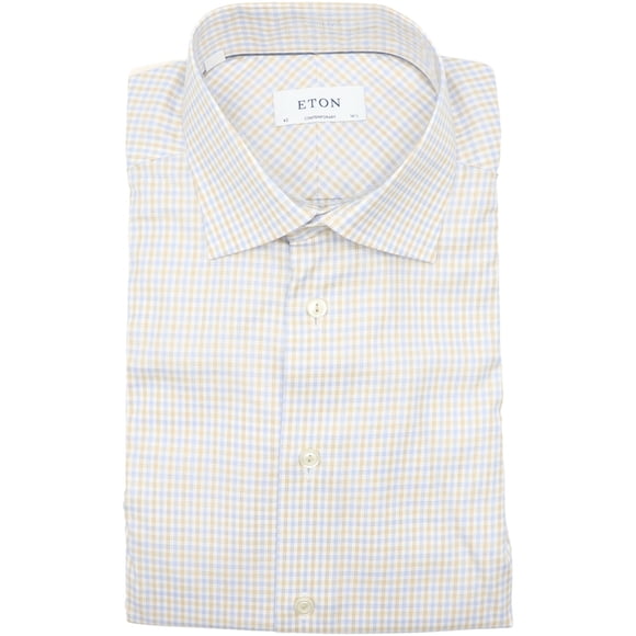 Eton Men's Blue / White Tan Contemporary Fit Checked Dress Shirt Casual Button-Down - 42-16.5 (L)