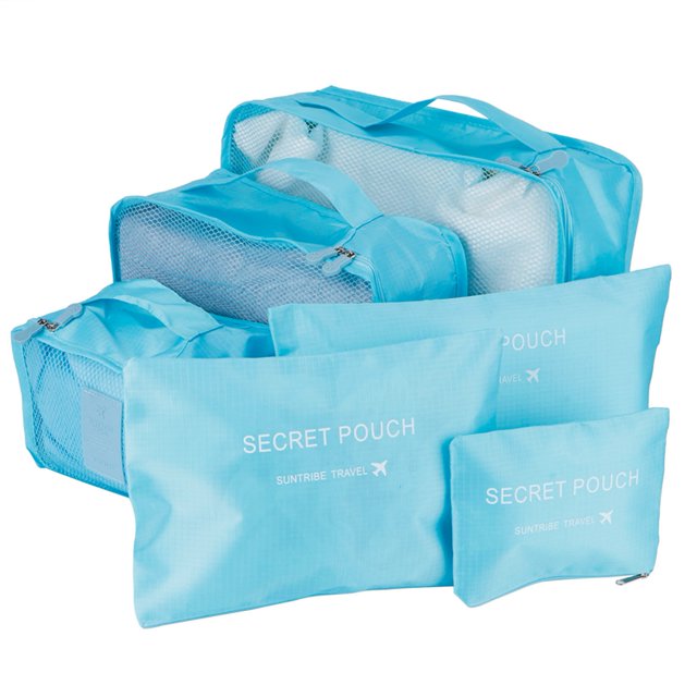 Packing Bag, Lightweight 6Pcs/Set Storage Bag, Nylon Cloth Material Two-Way Zipper And Stitching For Travel Storing Clothes Bras, Socks Blue