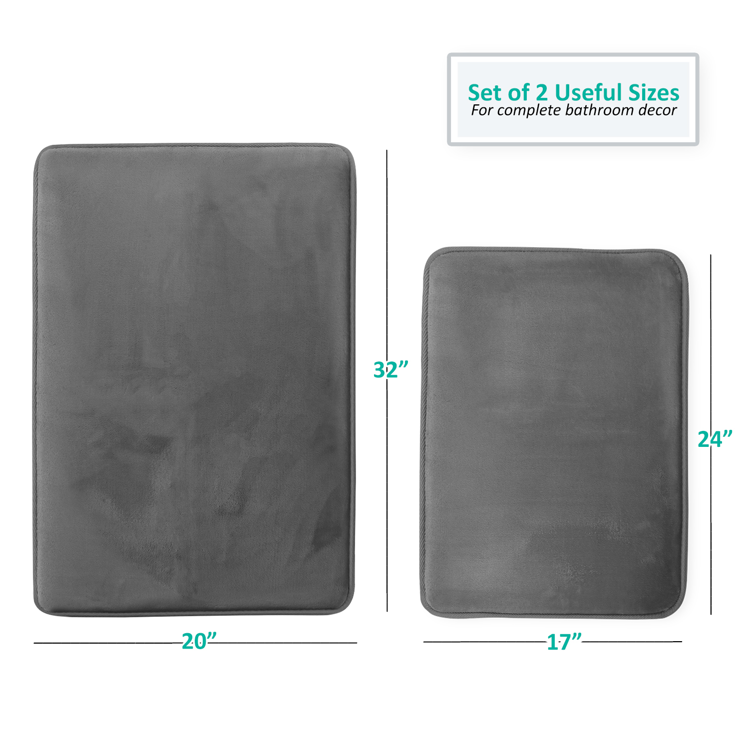 Set of 2 Small Clara Clark Bath Mat Bathroom Rug - Absorbent Memory Foam Bath Rugs - Non-Slip, Thick, Cozy Velvet Feel Microfiber Bathrug, Plush Shower, Toilet- Floor Bathmats Carpet - Gray - 17"x24"