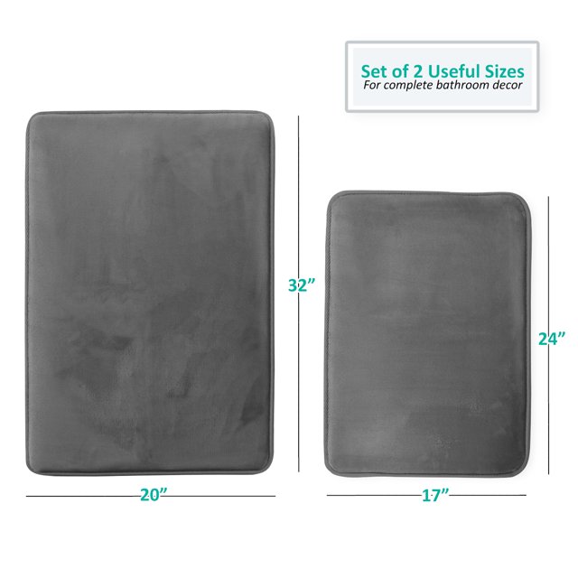 Set of 2 Clara Clark Bath Mat Bathroom Rug - Absorbent Memory Foam Bath Rugs - Non-Slip, Thick, Cozy Microfiber Bathrug, Plush Shower, Toilet Bathmats - Gray - Large Size 20"x32" Small Size 17”x24”