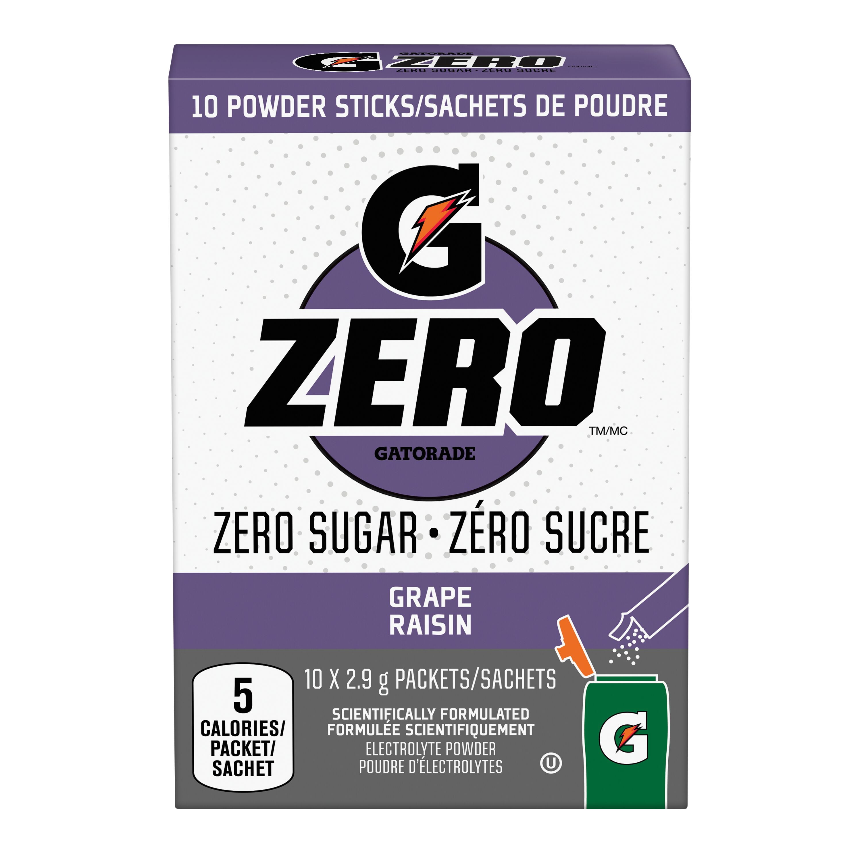 Gatorade Zero Sugar Grape Electorlyte Powder 10 x 2.9g, Packets
