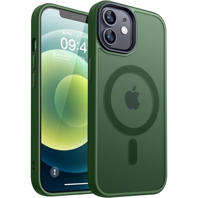 Entronix Heavy Duty Case for iPhone 12 and 12 Pro in green, featuring a translucent matte back with built-in magnets for MagSafe compatibility. This slim, shockproof iPhone case offers military-grade dual-layer protection with raised edges around the camera to prevent scratches. Designed for easy access to all ports and buttons, it supports wireless charging and fits comfortably in pockets.