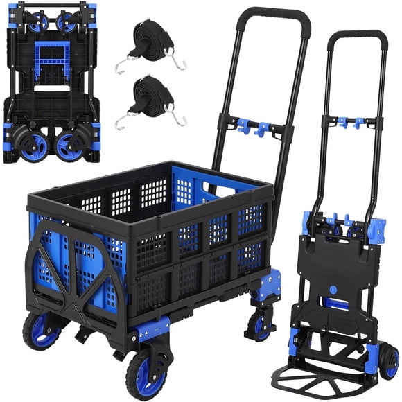 2 In 1 Folding Hand Truck Dolly with Basket 330 lbs Capacity Convertible Platform Cart with Retractable Handle and 2 Bungee Cords