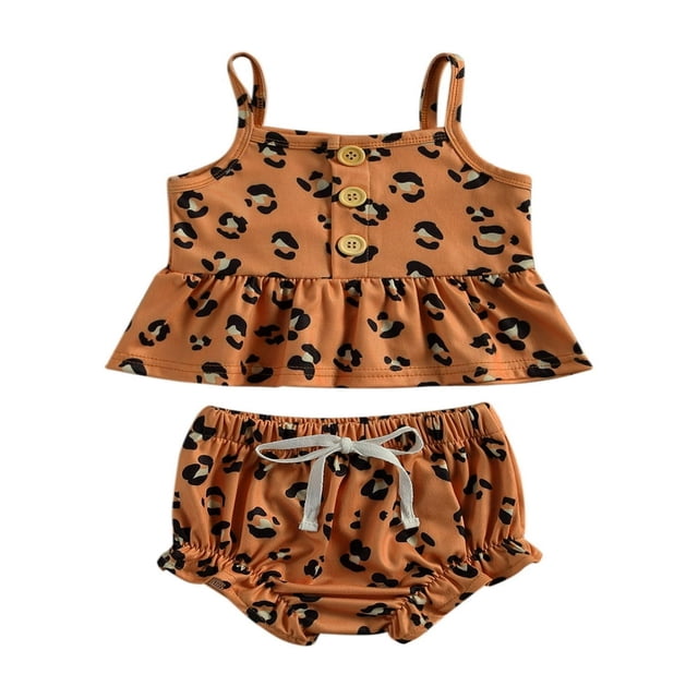 Newborn Baby Girl Summer Outfits Leopard Sleeveless Ruffle Tank Top Shorts Bottoms 2PCS Short Sets Clothes