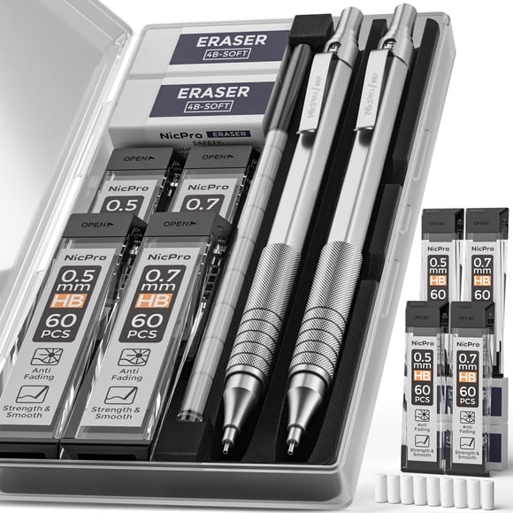 Nicpro 2 PcS Mechanical Pencils 05mm & 07 mm with case, Metal Artist Pencil Set with 4 Tubes HB Lead Refills, 2 Erasers, 9 Eraser Refills For Art Writing Drafting, Drawing, Sketch, Silver