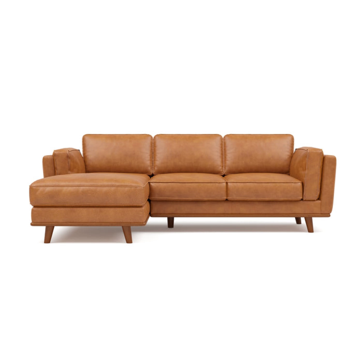 Valencia Artisan Three Seats with Left Chaise Top Grain Leather Sofa | Nappa 11000 Top-Grain Leather, Alder Wood Legs and Frame, Fabric Backed Cushions, Cognac