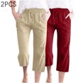thumbnail image 2 of Timegard 2pc Capri Pants for Women Cotton Linen Elastic Waist Loose Lounge Crop Pants Pockets Solid Color, 2 of 7