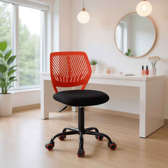 Homy Casa Tabouret de Travail Ergonomique pour Technicien de Salon avec Hauteur Réglable, Rotation à 360° et Roulettes à Roulement Fluide. le Tabouret Présente un Dossier Profilé Rouge vibrant pour un Soutien Ergonomique et un Siège Rembourré Noir pour le Confort. Il Est Installé sur une base Robuste à Cinq Points avec des Roulettes Silencieuses et Adaptées au Sol, Idéal pour les salons de Manucure, les studios de Beauté et les Salles de Soins spa. Présenté dans un Cadre de Salon Moderne avec un Bureau Blanc, un Miroir Rond et une Lumière Naturelle.