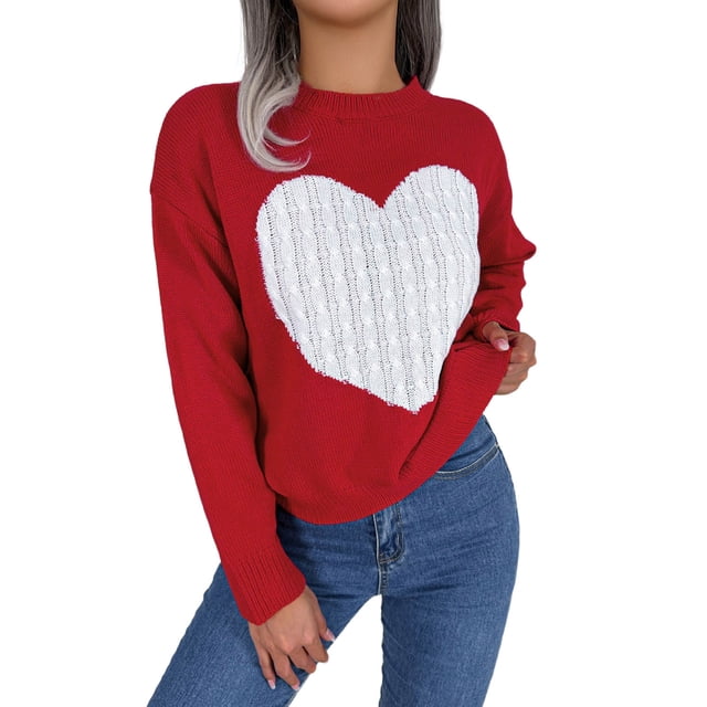 Fgnfyis Chandails pour Femmes Automne Hiver Imprimé Cœur Manches Longues Col Rond Tricoté Chandail Doux Chaud Col Roulé Décontracté Élégant RD2 TTG