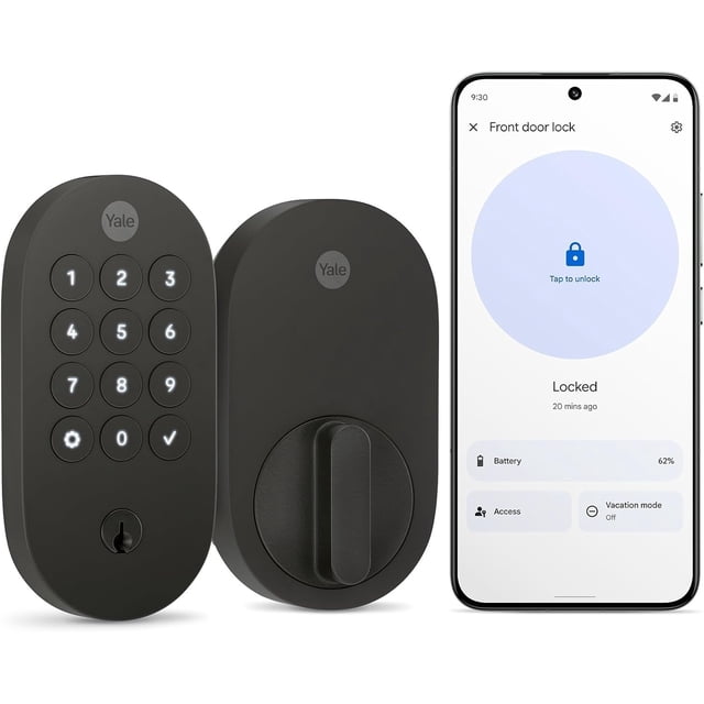 Yale Smart Lock with Matter in matte black showing front keypad with illuminated numbers and keyhole, rear thumb turn, and a smartphone screen displaying Google Home app with lock status locked, battery at 62%, access controls, and vacation mode off.