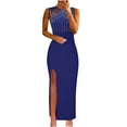 thumbnail image 1 of Robes Bleues pour Femmes Couleur Unie Sans Manches Robe Douce Grande Taille Col Rond Coupe Ajustée Tendance Cocktail Formelle Robe de Bal Maxi Mode Élégante Portefeuille Fendue Blouse Froncée Ourlet Droit Robe,3TG, 1 of 7
