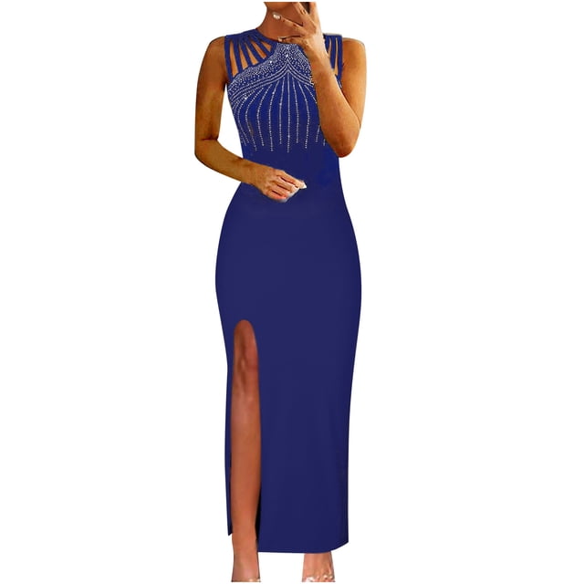 Robes Bleues pour Femmes Couleur Unie Sans Manches Robe Douce Grande Taille Col Rond Coupe Ajustée Tendance Cocktail Formelle Robe de Bal Maxi Mode Élégante Portefeuille Fendue Blouse Froncée Ourlet Droit Robe,3TG