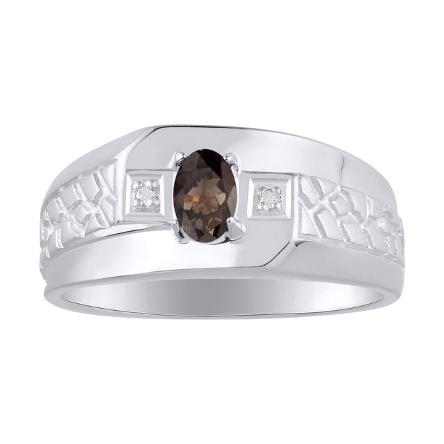 RYLOS Men's Rings 14K White Gold Classic Nugget 6X4MM Oval Gemstone & Diamond Ring Smoky Quartz June Birthstone Rings Size 10