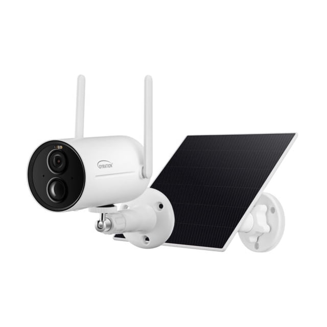 Gyration smart home wireless security camera with dual antennas mounted on adjustable white bracket alongside a black solar panel with white frame on a white background