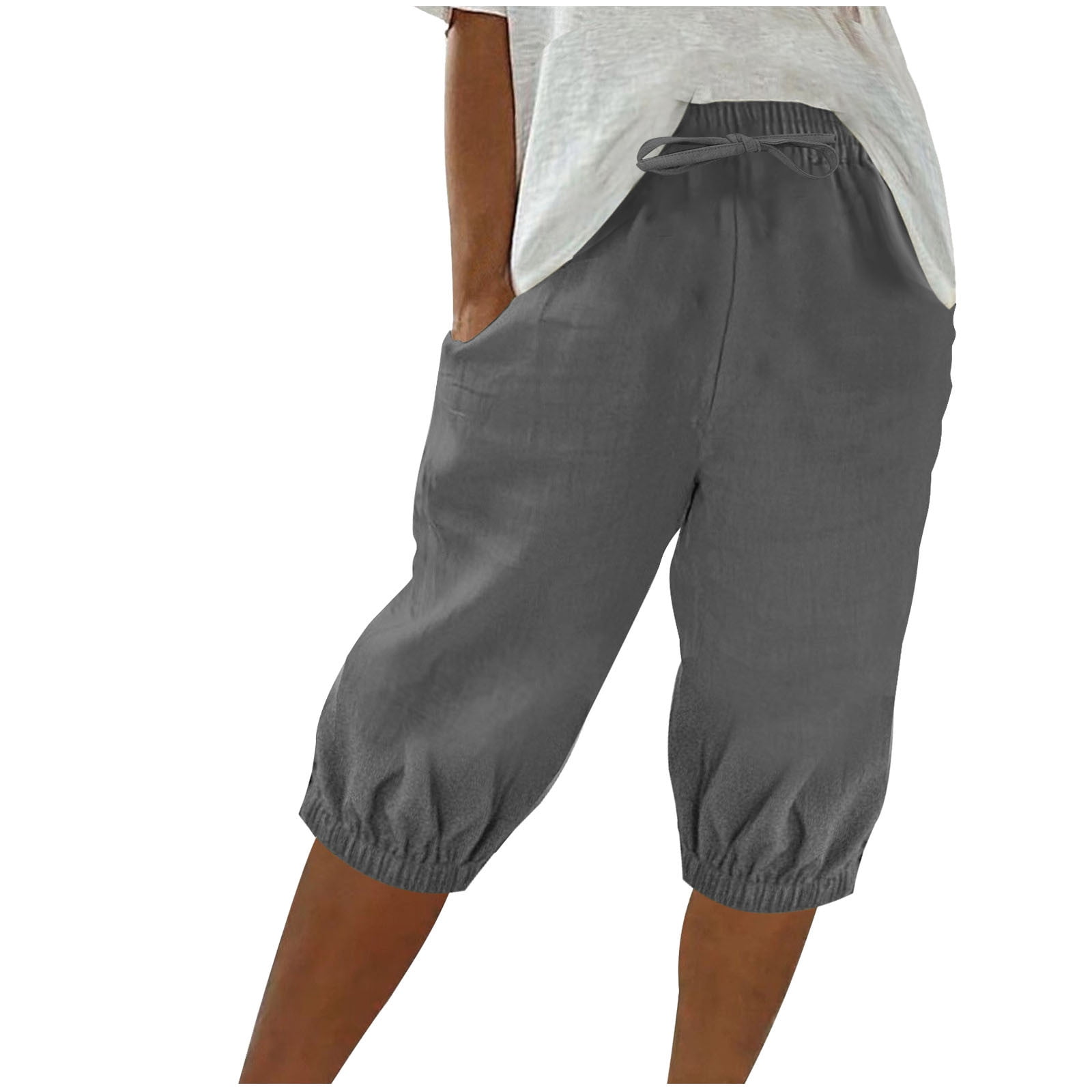 Timegard Shorts pour Femmes, Taille Haute Élastique, Cordon de Serrage, Bas Resserré, Shorts Mi-Cuisse Décontractés avec Poches
