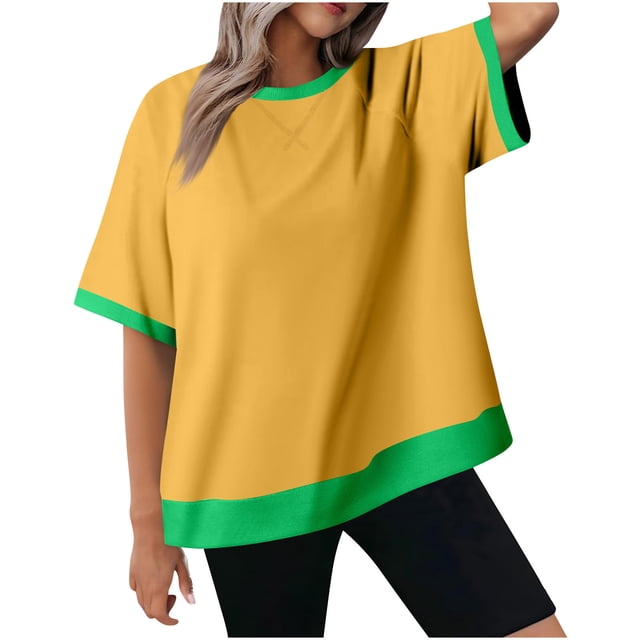 Plebaso T-shirts Surdimensionnés pour Femmes à Blocs de Couleur, Manches Courtes, T-Shirts Décontractés à Col Rond, Chemises Amples pour Femmes